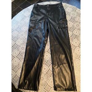 Faux Leather Cargo Pants Black Wide Leg Utility Trousers Womens